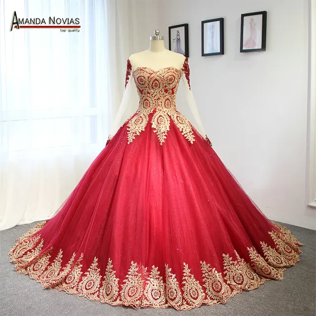 Árabe de lujo brillante vestido de boda rojo vino con oro en