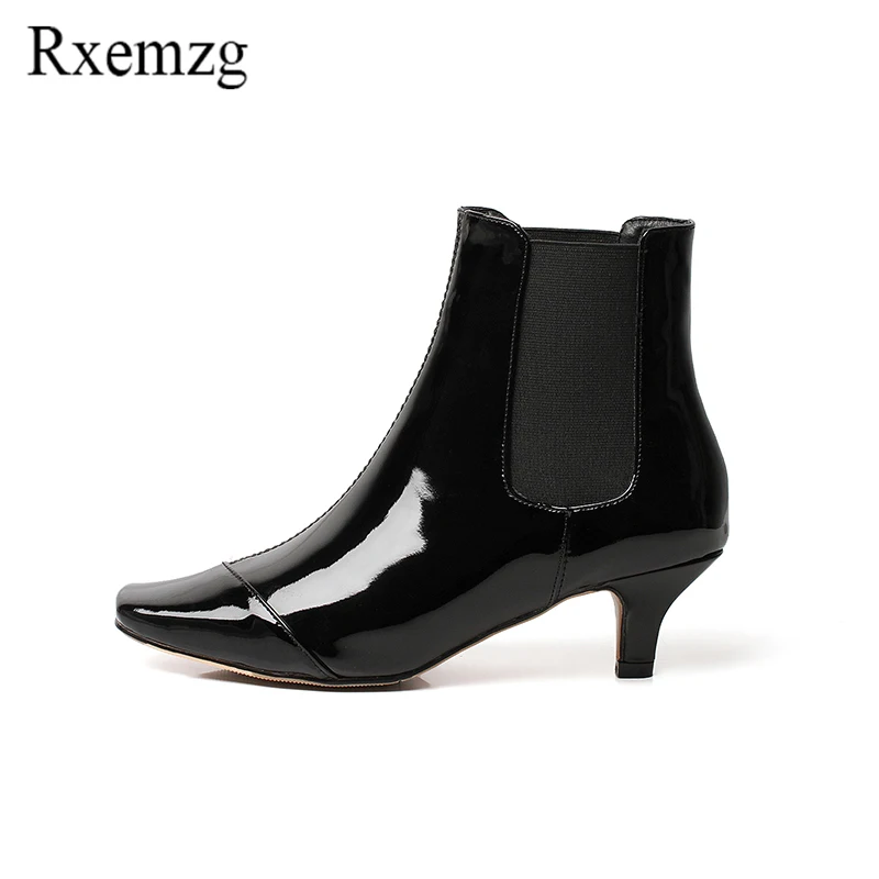 

Rxemzg fashion square toe patent leather women ankle boots elastic band high heels chelsea boots 2018 autumn winter shoes woman