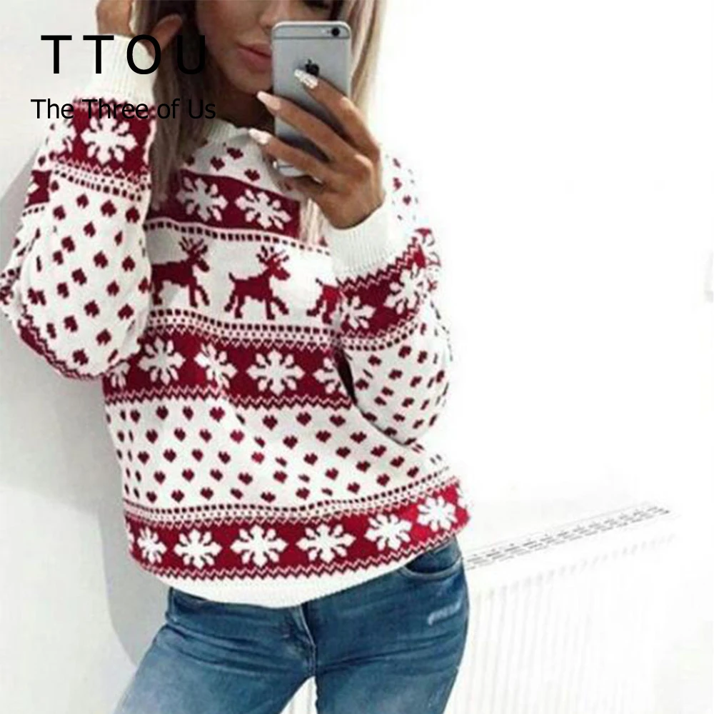 

TTOU Women Winter Casual Sweater Christmas Red Deer Top Maple Snowflake Printed Sweater Long Sleeve Crochet Pullover Mujer
