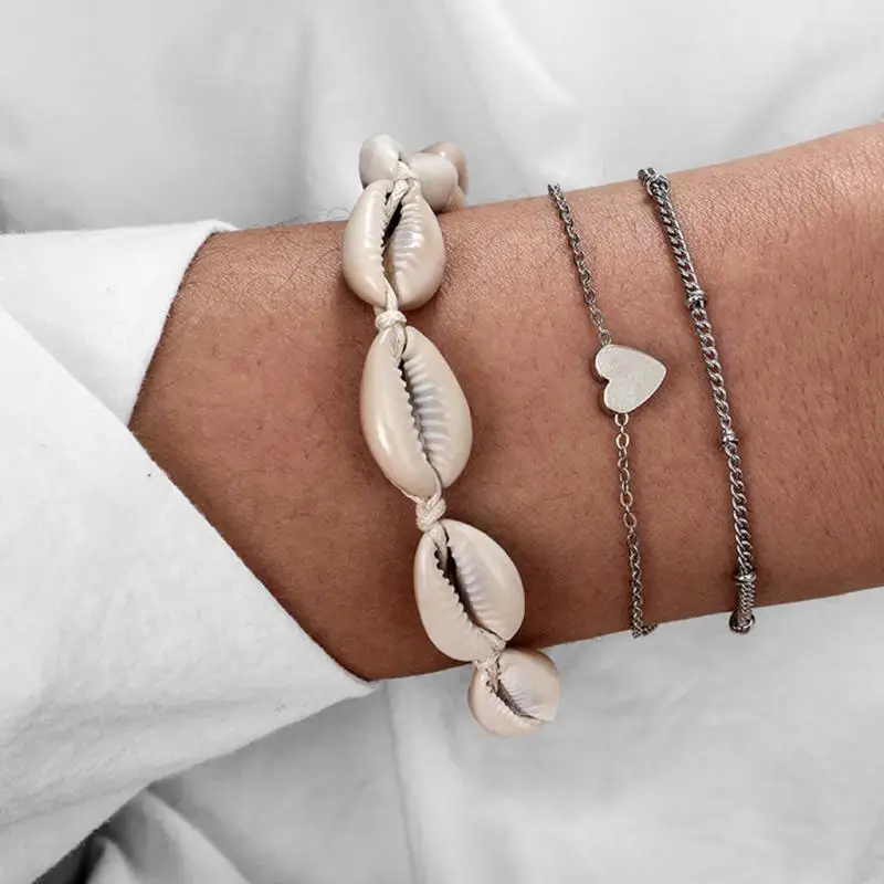 

3PCS/Set Geometric Conch Shell Love Heart Beaded Chain Bracelet Sets Charms Shell Fishtail Multi-layer Bracelet Bangles For Girl