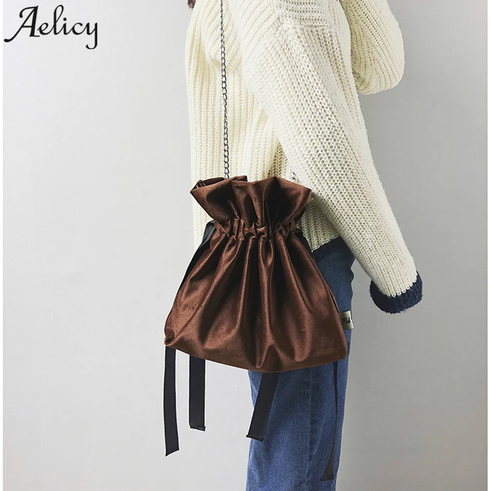 

Aelicy Velour Bucket Bag Mini Shoulder Bags With Chain Drawstring Small Cross Body Bags Beam Port Storage Shopping Bag