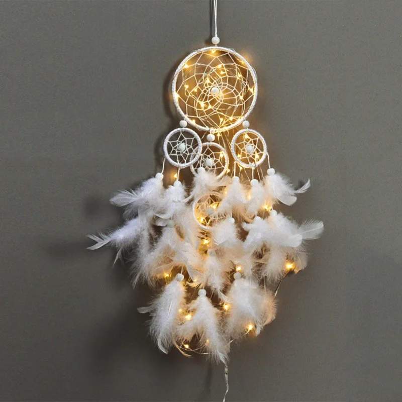 

1pcs Wind Chimes Handmade Indian Dream Catcher Net With Led Light Feathers Wall Hanging Dreamcatcher Craft Home Decoration