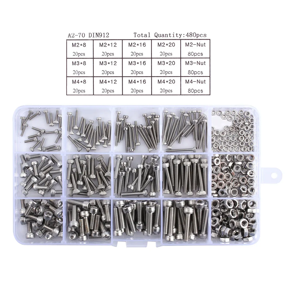 PROSTER 480 шт M2 M3 M4 304 Нержавеющая сталь с шестигранной головкой Кепки для болтов для гаек набор комплект с коробкой машины болт и гайка комплект
