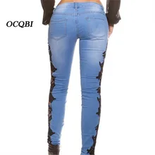 Кружева Рваные Джинсы бойфренда для Для женщин Винтаж Брюки Эластичность зауженные джинсы плюс Размеры