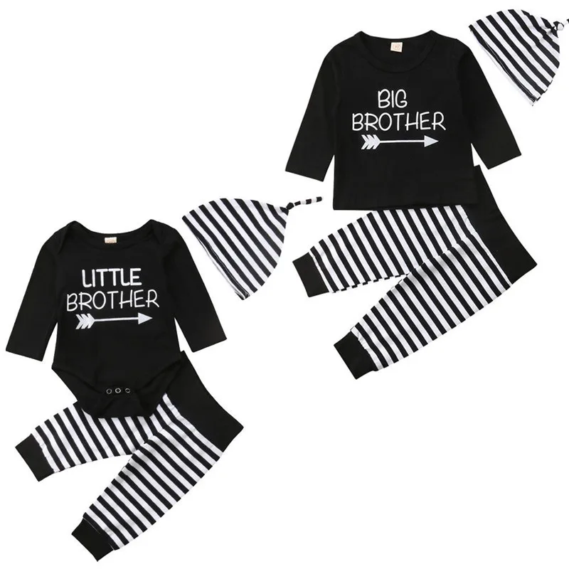 

Big Brother Little Brother Romper t shirt Tops+Stripe Long Pants 3Pcs Hat Family Matching Outfits Set