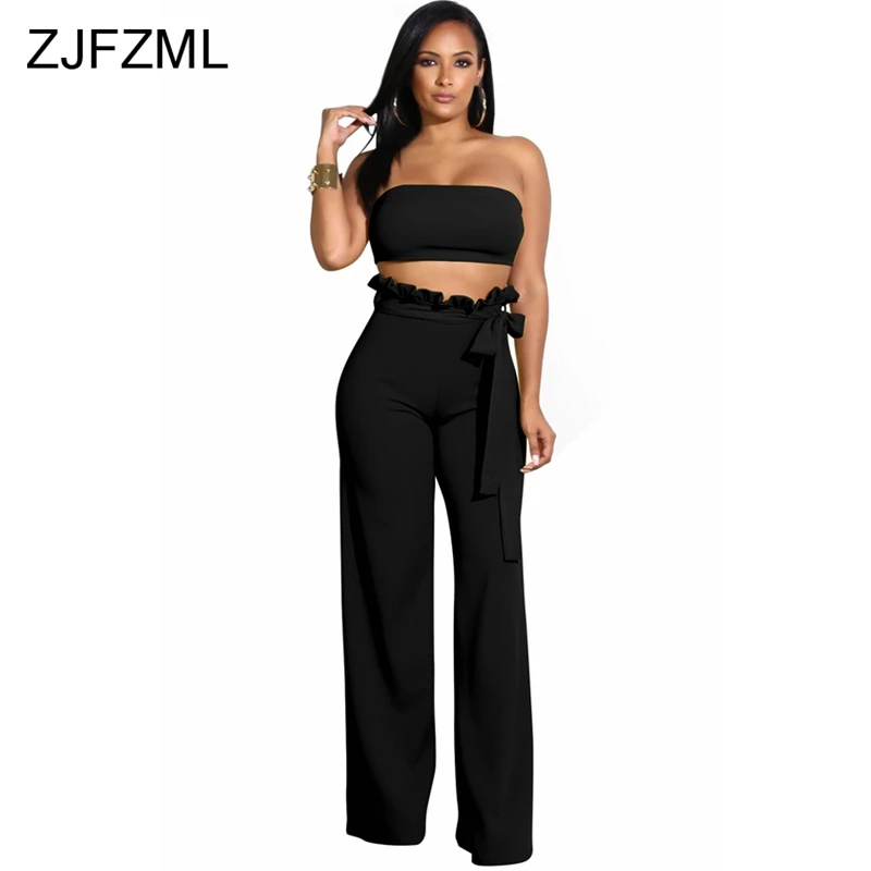 

ZJFZML Sexy Solid 2 Piece Set Women Off Shoulder Strapless Crop Top+Ruffles Long Wide Leg Pant Summer Outfit Two Pcs Tracksuits