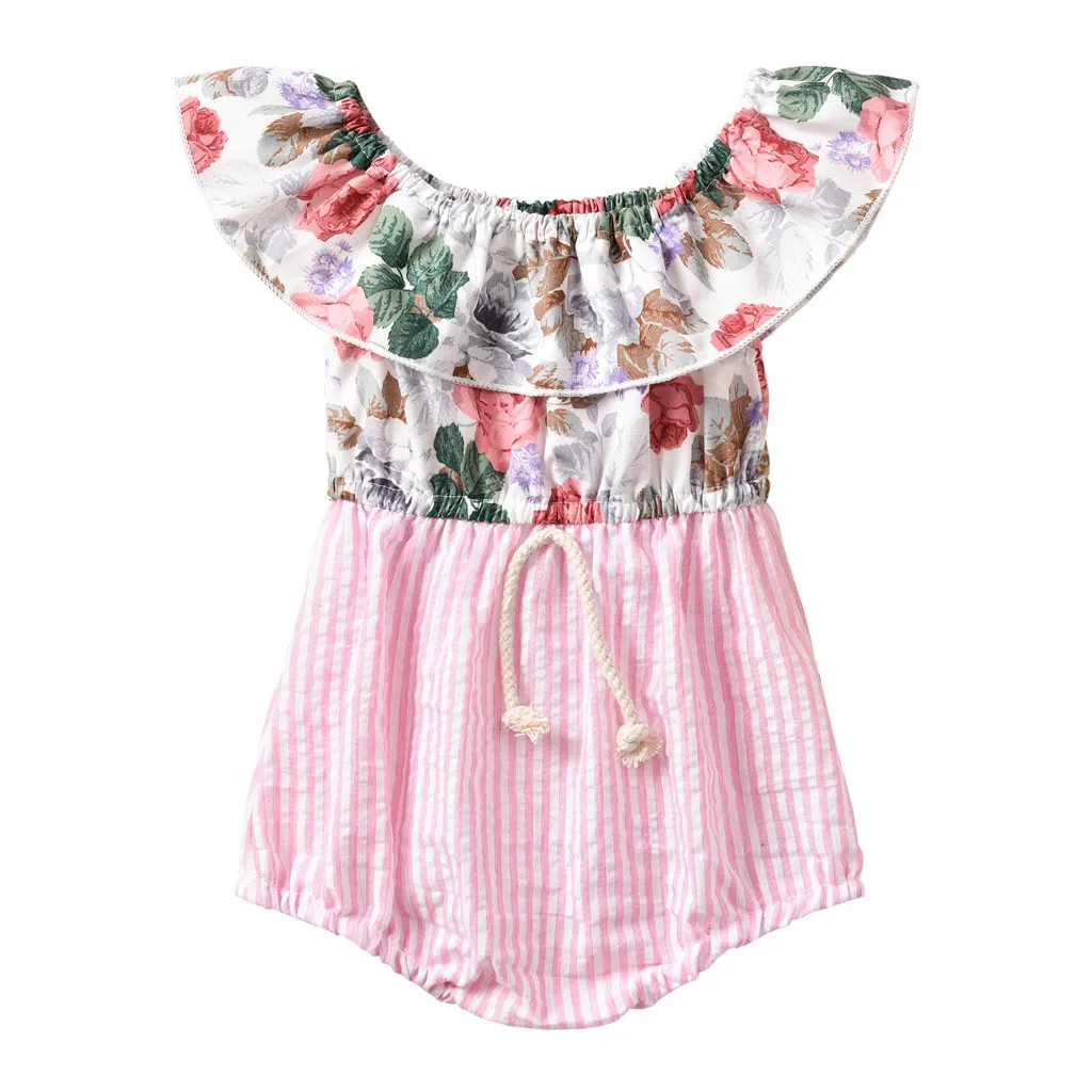 

2019 Flower Clothing Newborn Baby Girl Infant Baby Girls Floral Striped Ruffle Patchwork Drawstring Romper Kid Girls Clothes