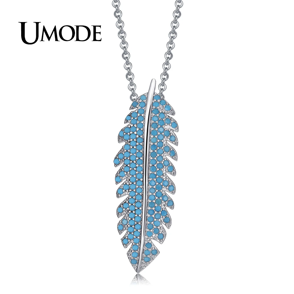 

UMODE New Long Leaf Lake Blue CZ Stone Pendant Necklace for Women Feather Rhinestone White Gold Color Sobretudo Feminino UN0250B