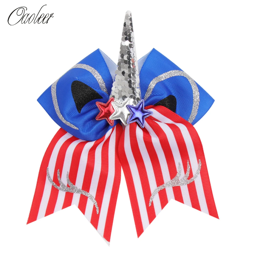 

7 Inch Independence Day Cheer Bows for Girls Sequins Unicorn Hair Holder with Clips 4th of July Hair Accessories for Kids Party