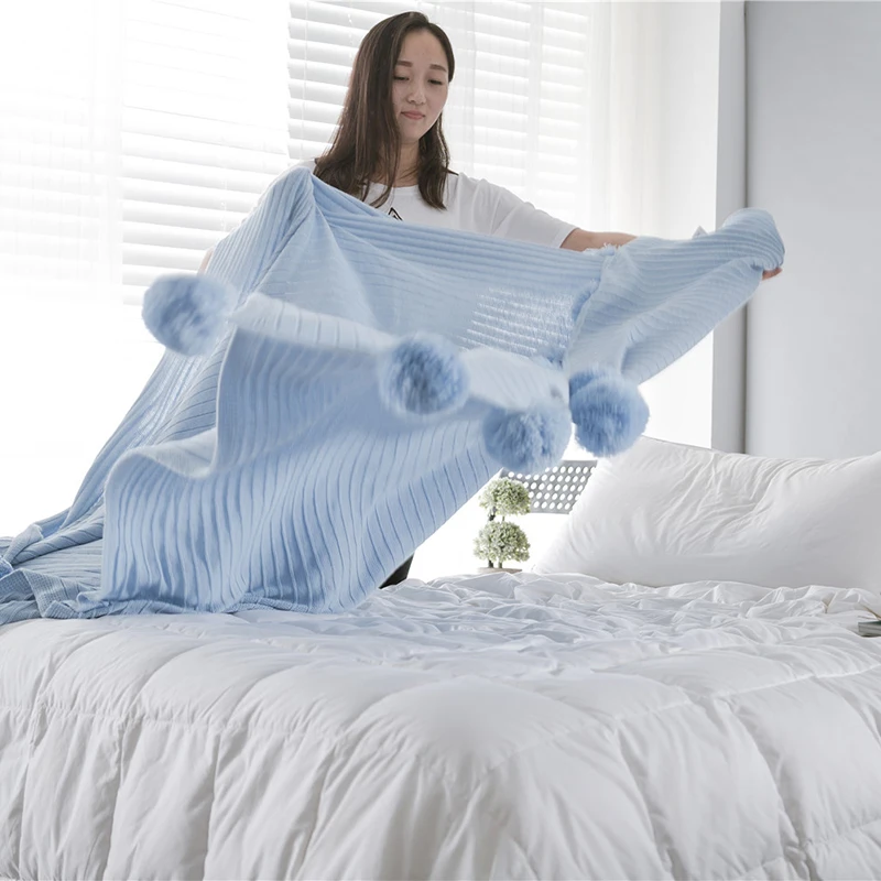 1 шт., хлопковое одноцветное одеяло с шариками для кровати, постельные принадлежности для девочек, теплое и милое покрывало с ворсом, моющееся вязаное одеяло ручной работы