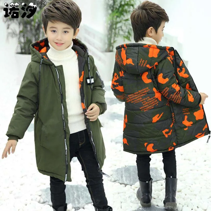 Baby boys costume 3-13T children winter cotton hooded boys warm jacket kids camouflage coat teenage long Double-sided wear coat - Color: green