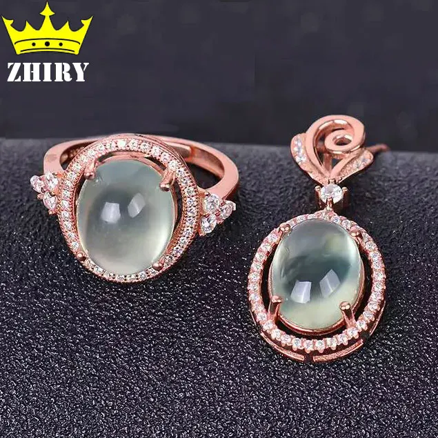 

Natural Prehnite Jewelry Sets Gemstone Real 925 Sterling Silver Women Ring Chain Pendants