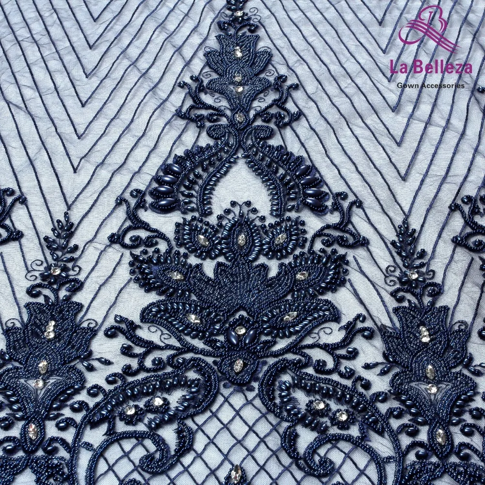 

La Belleza 1 yard heavy handmade beaded lace fabric crystal lace Navy/red/ivory/gold wedding dress lace fabric 49'' width