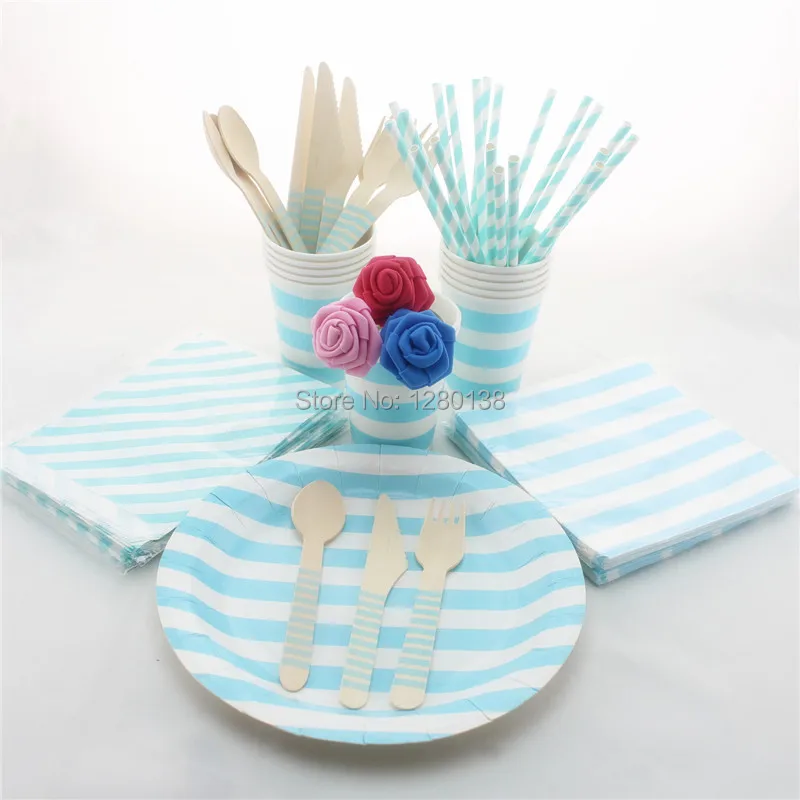 Wedding Decor Blue Striped Tableware 300 Sets Disposable Party Paper Wedding Decor Blue Striped Tableware 300 Sets Disposable Party Paper Napkins Plates Cups Bags Straws Wooden Fork Spoon Knift In