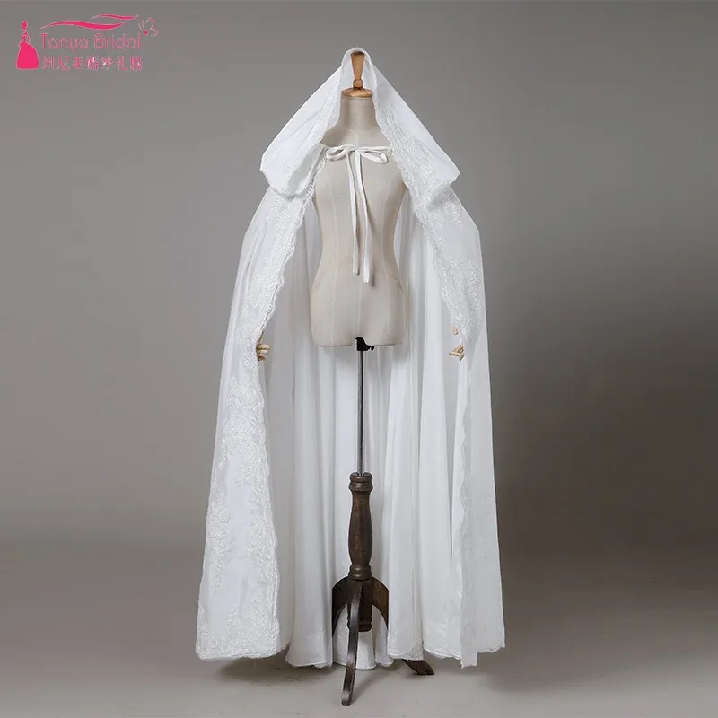 Wedding Cape Ivory Lace Applique Long Taffeta Bridal Bolero Elegant Bride Cloak With Hood DQG449