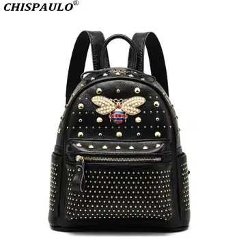 

2020 Fashion Genuine Leather Backpack Women Preppy Style Backpack Girls School Bags Designer Brand Zipper Leather Rivet Backpack