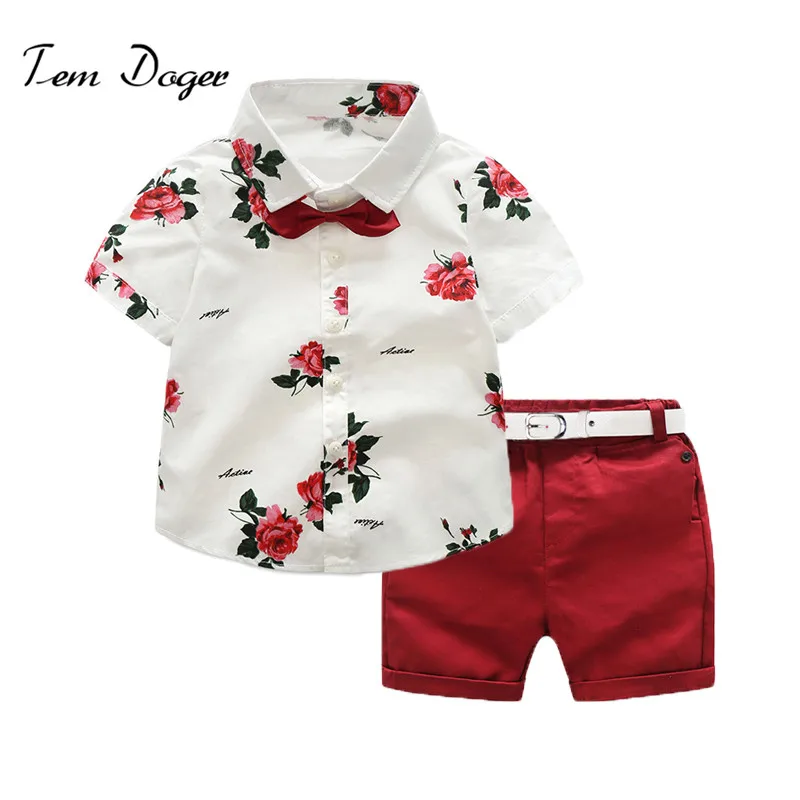 

Tem Doger Kids Boys Summer Gentleman Suits Bowtie Short Sleeve Floral Shirts + Red Shorts Set 2 Piece Outfits