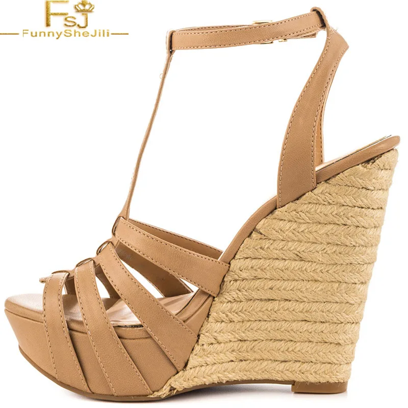 Khaki Peep Toe Platform Heels Buckle T Strap Wedges Sandals Party Date Fashion Woman Shoes 2021 Plus US Size 14 15 16 FSJ | Обувь