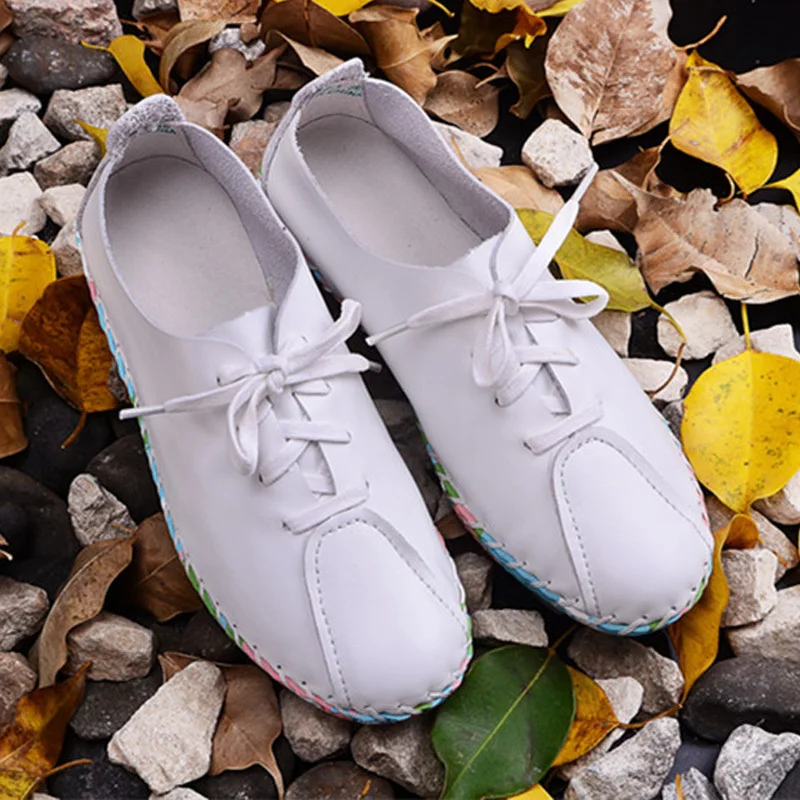 

Women White Pink Flat Shoes Hand sewed Genuine Leather Lace up Flats Colorful Rubber Sole Ladies Spring/Autumn Footwear(x1306-1)