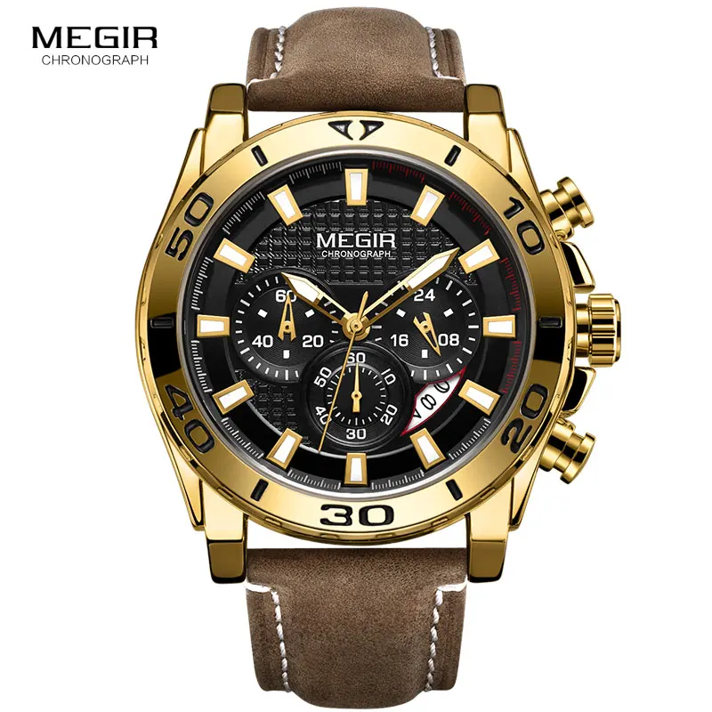 Billig MEGIR der Männer Lederband Uhren Wasserdicht Leucht Armee Sport Chronograph Armbanduhr Mann Relogios Uhr 2094 Gold