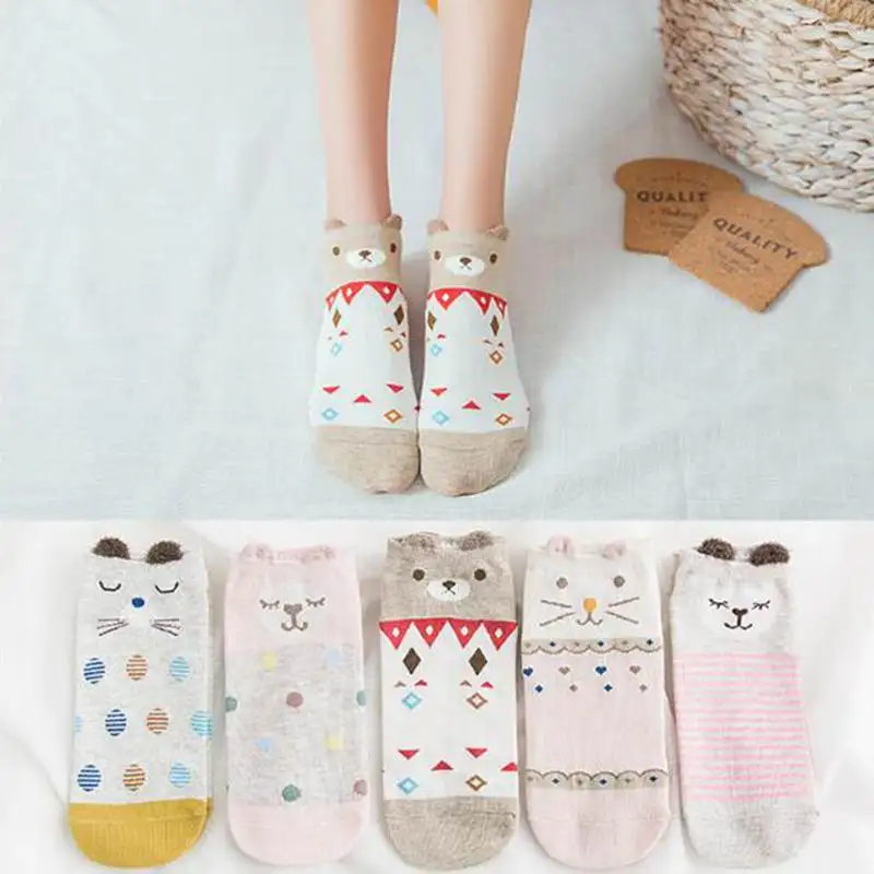 Harajuku/5 пар/лот, носки с ушками животных, женские хлопковые короткие носки, короткие Носки с рисунком единорога, кошки, лисы для девушек, skarpetki - Цвет: khaki bear