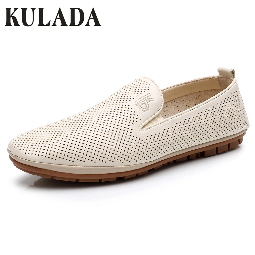 

KULADA Hot Sale Men Summer Shoes Hollow-Out Leather Driving Casual Loafer Shoes Breathable Low Help Sandals Men Shoes 110-5C