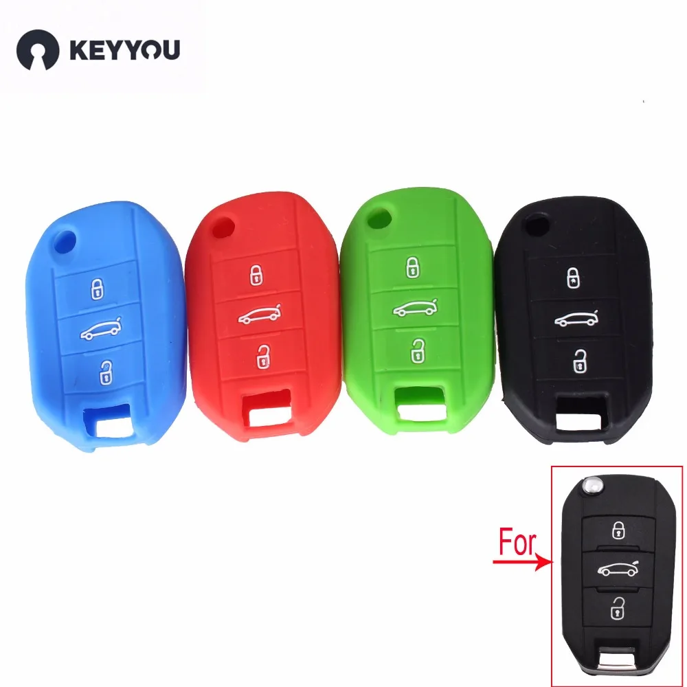 

KEYYOU Silicone Car Styling Key Cover Case For Peugeot 508 301 2008 3008 408 3 Buttons Folding Flip Car Key Bag