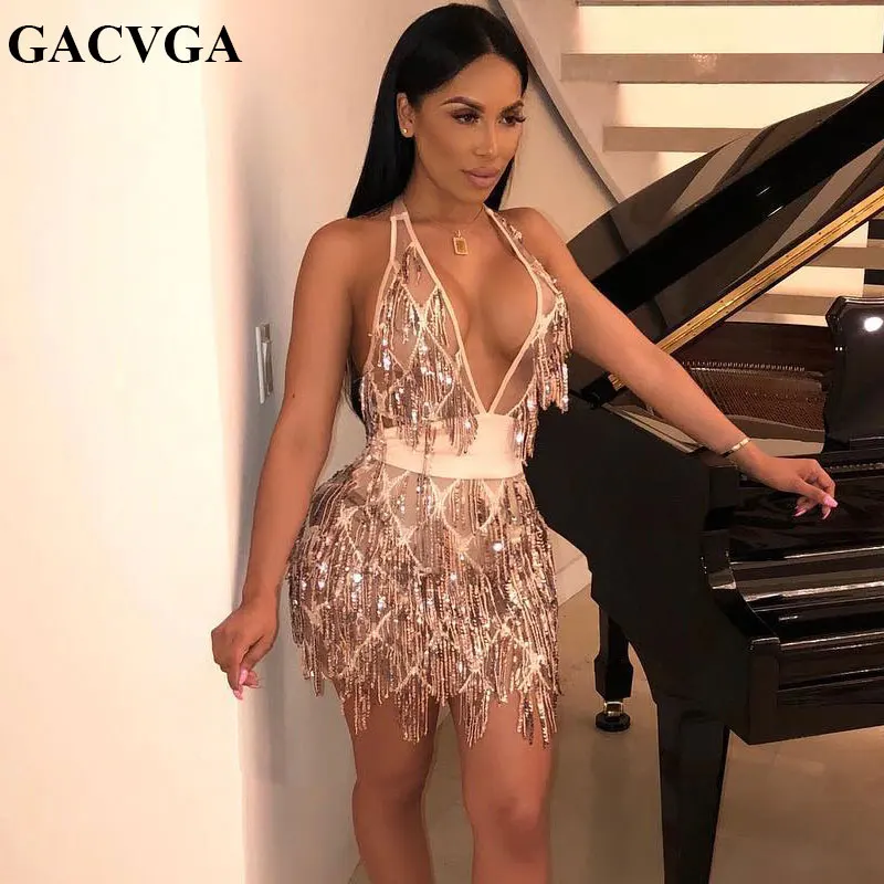 

GACVGA 2019 Autumn Sequin Backless Bandage Dress Women Sexy Nightclub Party Mini Dress Bodycon Black V Neck Dresses Vestidos