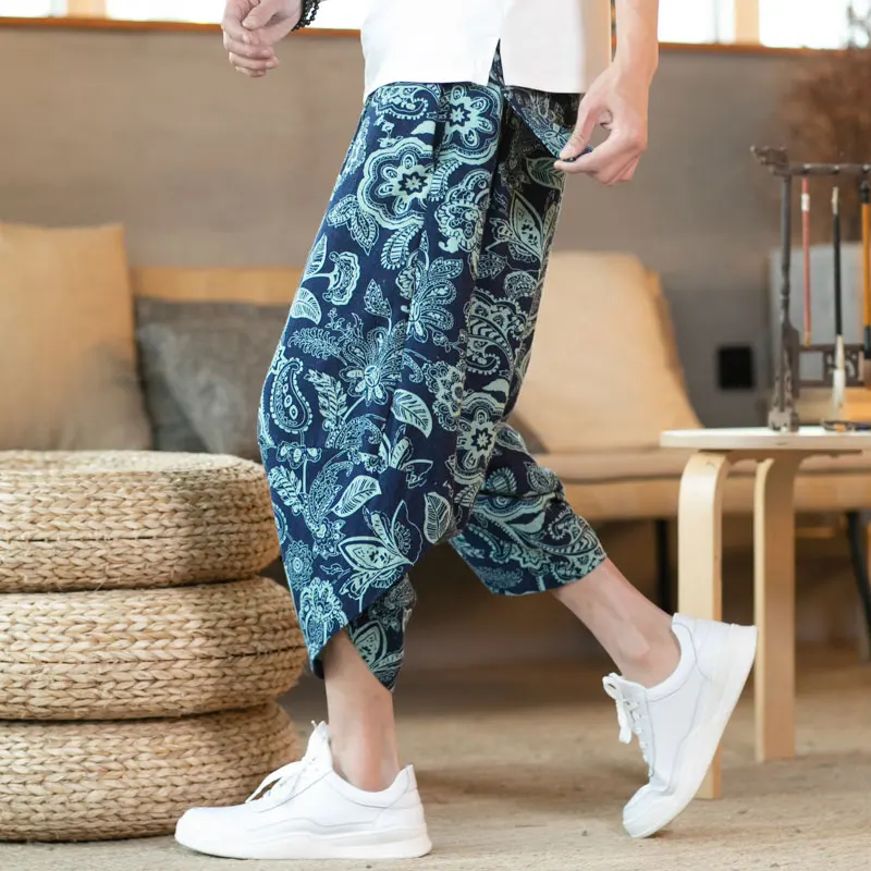 Летние повседневные штаны в китайском этническом стиле с цветочным принтом, большие размеры, свободные мужские модные штаны, 11 цветов, M-5XL