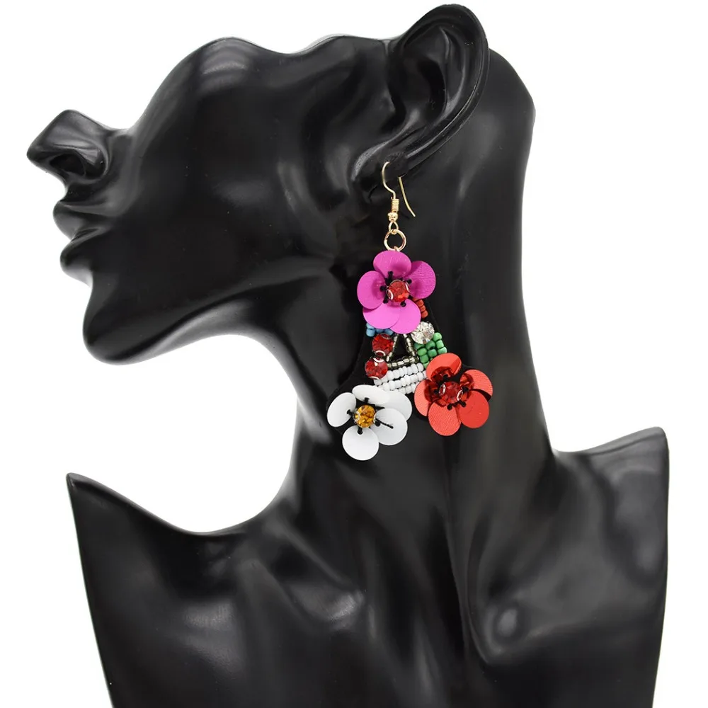 

3 Colors Personality Letter Dangle Earrings Handmade Big Flower Sequins Beaded Rhinestone Drop Earrings Hook Earring for Women