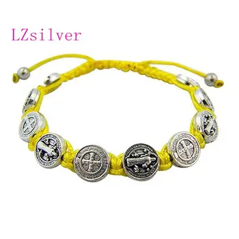 

5 Pcs Zinc Alloy Saint St Benedict Medal on Adjustable Yellow Cord Bracelets 7 Inch B-45