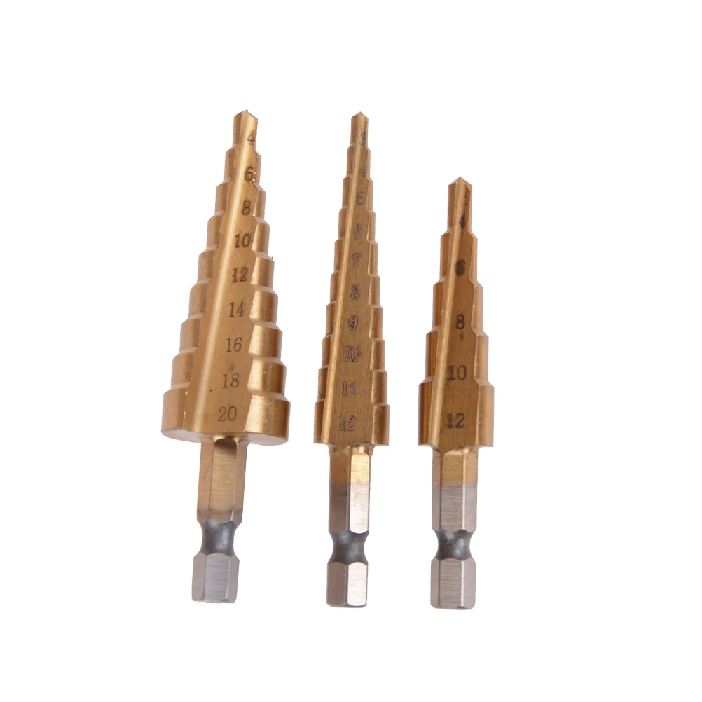 3pcs Steel Titanium Coated Step Drill Bit Metal 3-12mm 4-12mm 4-20mm Cone Cut High Speed Steel Wood Drilling Power Tools