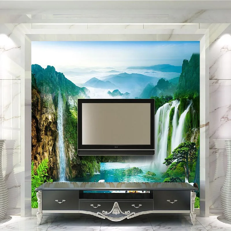 

Customized mural large 3D Chinese style landscape with waterfall mountain boat behind TV sofa as background in living room