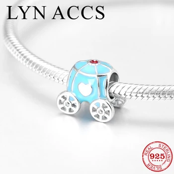 

Hot Beautiful Fairy Pumpkin Car 925 Sterling Silver Blue Enamel beads Jewelry making Fit Original Pandora Women Charms Bracelets