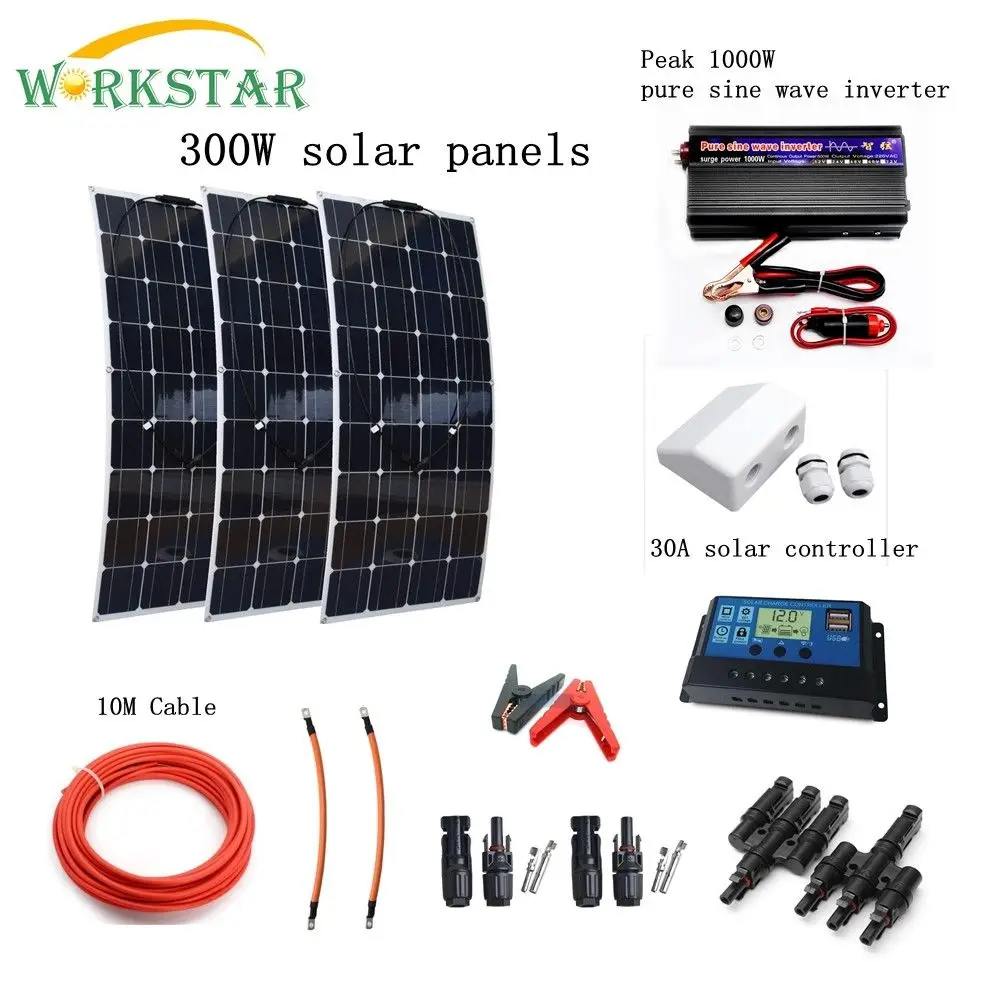 

WORKSTA Complete 300W Solar System for Beginner 3X100W Solar panel 1000w Inverter with Accessories For Yacht RV Boat