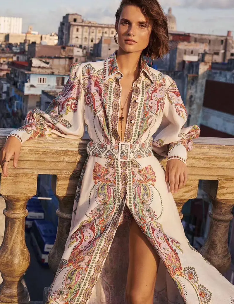 

2019 High Quality Women Vintage Dress Print Runway Long Dresses