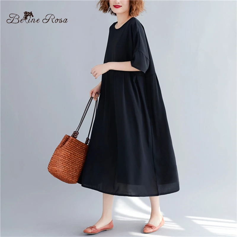 BelineRosa Simple Casual Black Color Dress in Big Sizes High Waist Loose Style Women Dress Cotton Linen Natural CLothesBSDM0250