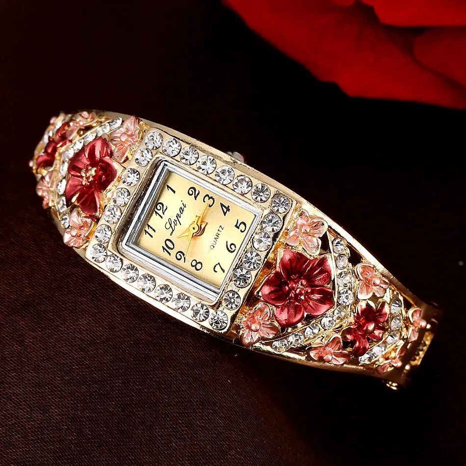 Часы Lvpai, лидер продаж, модные, повседневные, женские, браслет, часы, сплав, цветы, бриллиант, наручные часы, платье, кварцевые часы - Цвет: Red