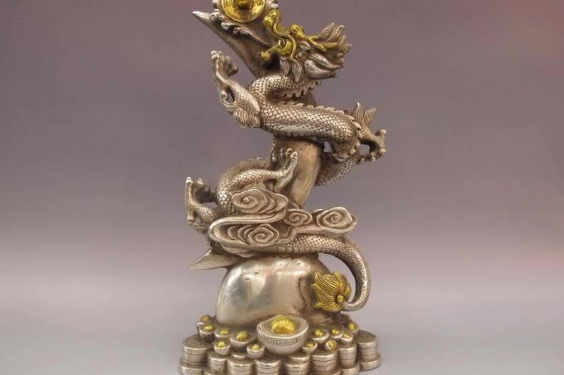

Chinese White Copper Silver Feng Shui Lucky Wealth Yuanbao Coin Dragon Statue