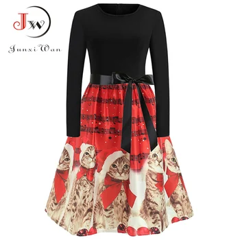 

Cute Cat Print Christmas Dress Women Elegant Slim Vintage Party Dresses 50s 60s Casual Long Sleeve Winter Midi Dresses Plus Size