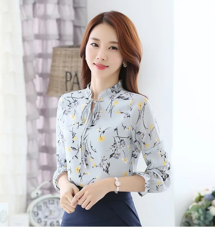 Новинка года, весенне-осенняя Корейская тонкая официальная Однотонная рубашка рукавами с длинными, блузка для офиса, Женские топы с прядным воротником 288J