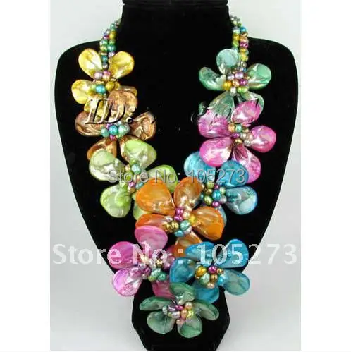 Красивый многоцветный настоящий жемчуг и натуральный корпус цветок ожерелье/серьги ювелирный набор модный цветок набор FN1594