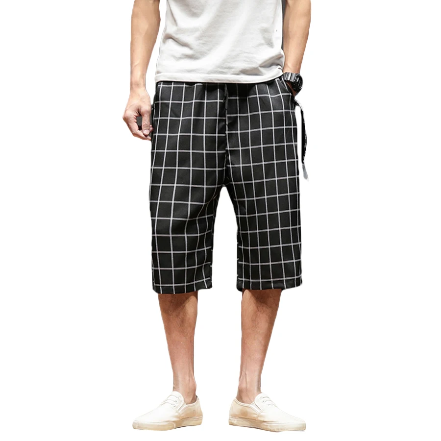 Plaid Vintage Linen Shorts Men Plus 
