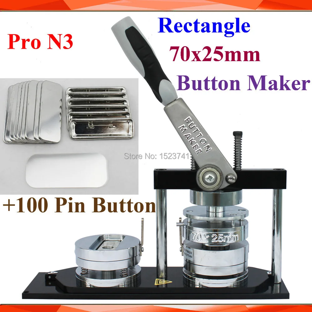 Pro N3 NEW Rectangle 70x25mm Badge Button Maker Machine +100 Set Metal Pinback Button Supply