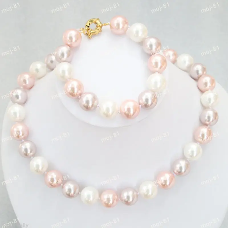 

FREE SHIPPINGPretty 14MM Charming Mixed South Sea Shell Pearl Necklace + Bracelet Set