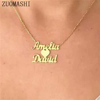 

Custom Double Names Necklace Personalized 2 Names With Love Heart Chokers Necklaces Handwriting Nameplate Couple Jewelry Gift
