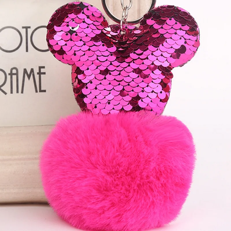 

Lovely Fluffy Shining Mickey Pendant Keychain Plush Artificial Rabbit Fur Ball Keyring PomPon for Women Jewelry Car Holder Gift