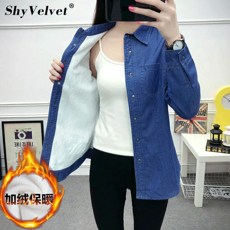 

Long Sleeve Denim Blouse Autumn Winter New Thicken Velvet Warm Jeans Shirts Outerwear Blouses Flannel Tops Plus Size XXXL