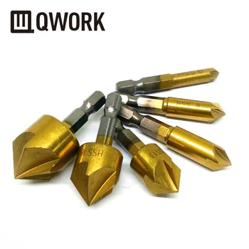 

QWORK 6 Pcs 1/4" Hex Shank Titanium Coated 5 Flute Countersink Drill Bit Set 90 Degree Cutting For Wooden Planks