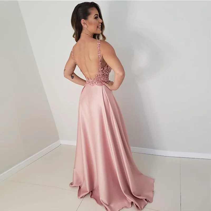 Vestido De noche rosa con cuello en V, sin mangas, corte en A, largo, Formal, espalda descubierta